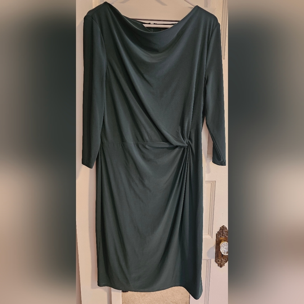 Lauren Ralph Lauren Women's Green Ruched Cowl-Neck Sheath Dress Size 14